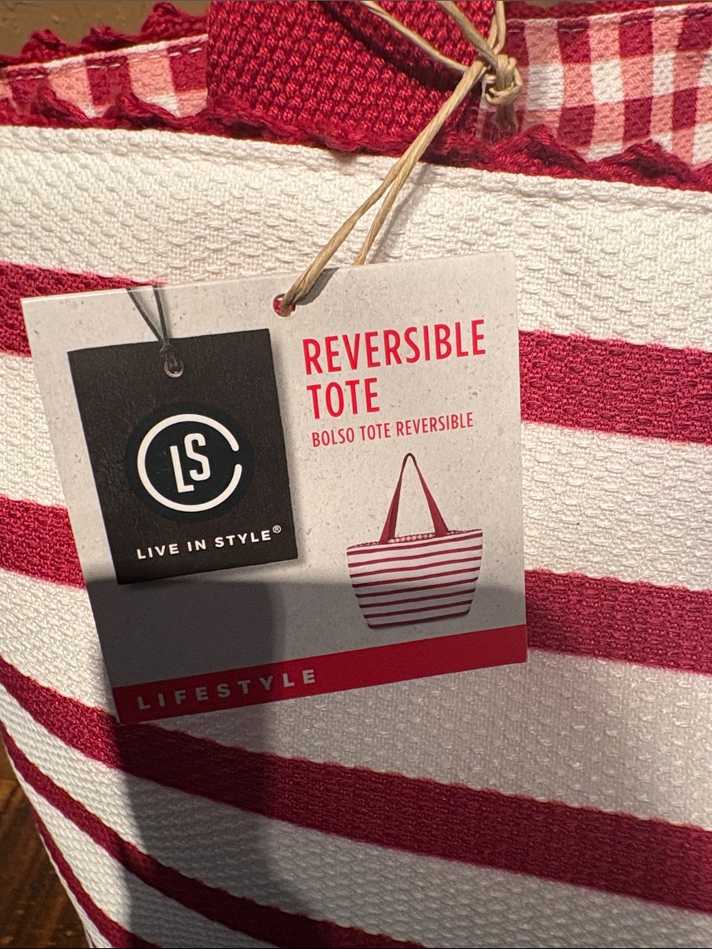 Bolso NWT Large Canvas Reversible Tote with Liz Claiborne Red Nylon Pouch - Picture 5 of 8